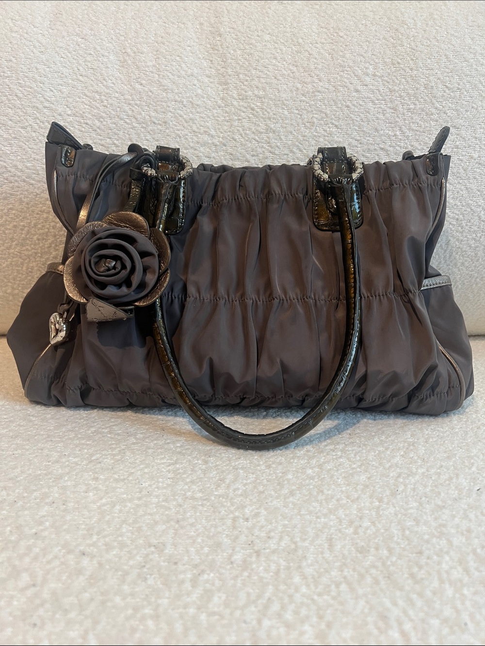 Vintage Brighton Camille Ruched Nylon Shoulder Bag Grey with Rose Accent